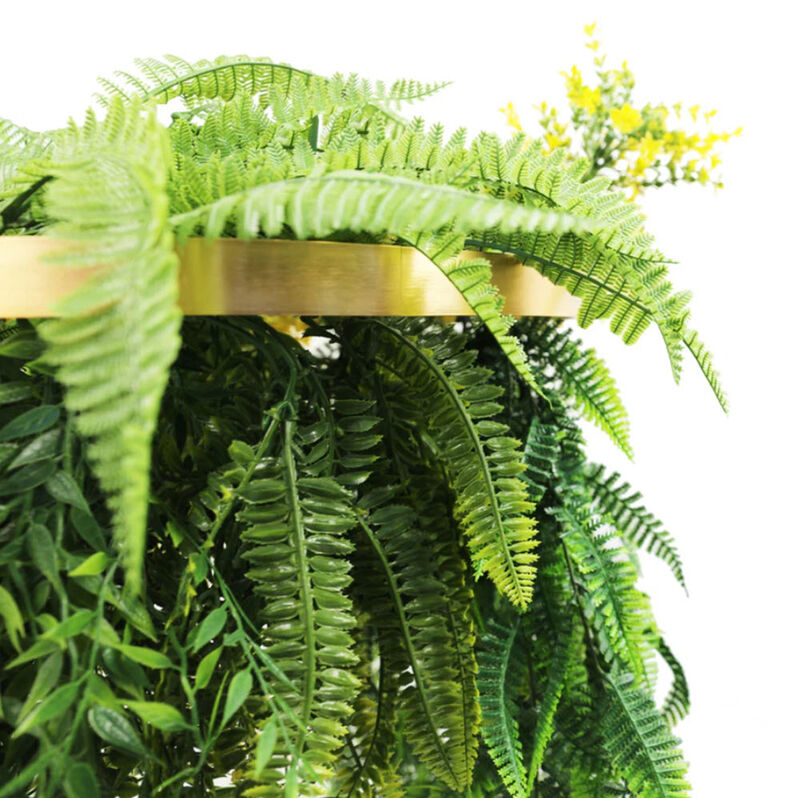 Gold Framed Roof Hanging Disc With Bright Tropical Folaige Mix and Draping Ferns 15.75" UV Resistant