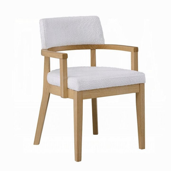 Semi Dining Armchair Set of 2, Curved Cutout Back, White Fabric, Brown - Benzara