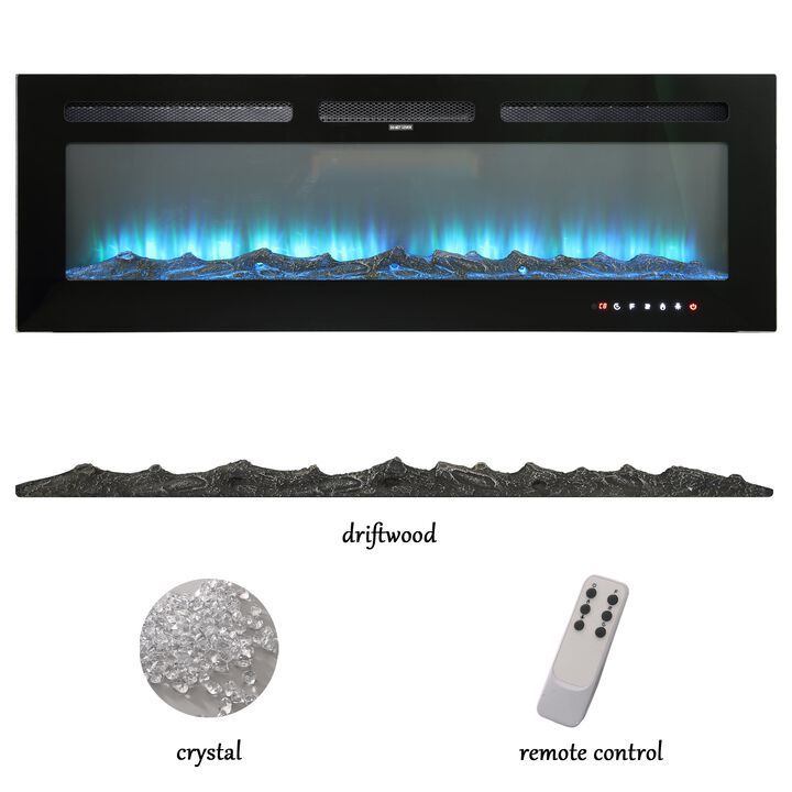 Black 60 in. Wall-Mounted Electric Fireplace with Logs & Crystals, Remote 1500/750W