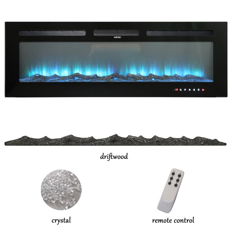 Black 60 in. Wall-Mounted Electric Fireplace with Logs & Crystals, Remote 1500/750W