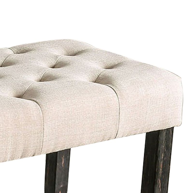 20 Inch Button Tufted Wooden Bench, Antique Black and Beige-Benzara