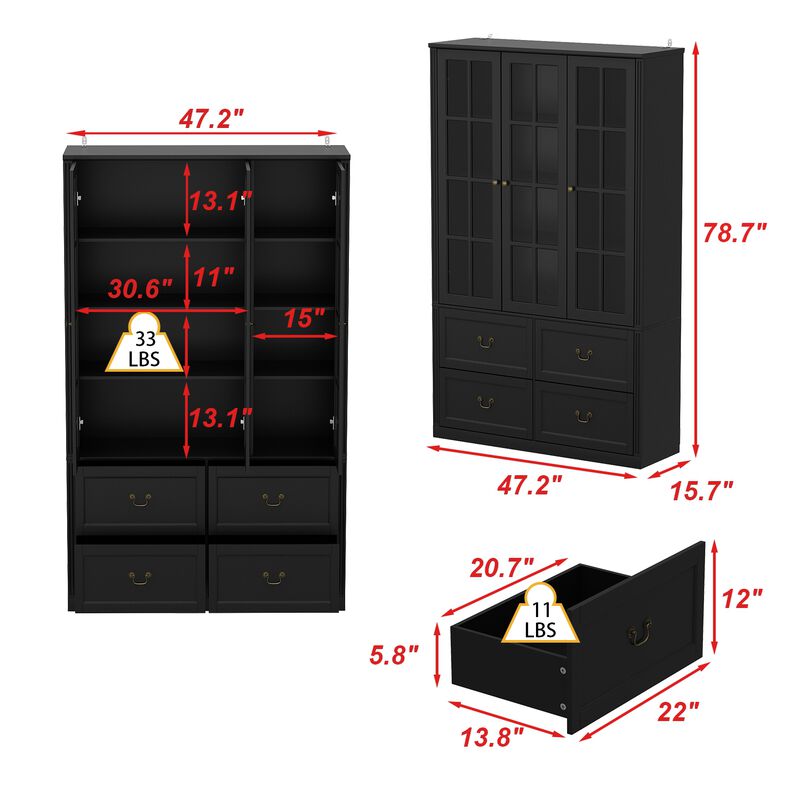 47.2 in. W x 78.7 in. Tall 8-Shelf Black Wood Standard Bookcase Bookshelf With Glass Doors, Adjustable Shelves, Drawers