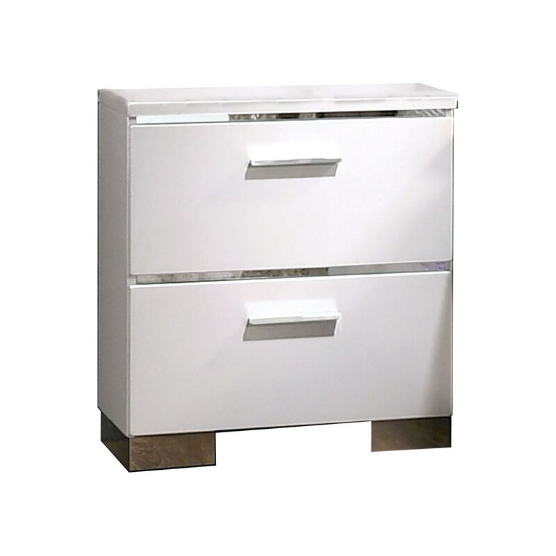 Wood and Metal Nightstand with 2 Drawers,  White and Silver-Benzara