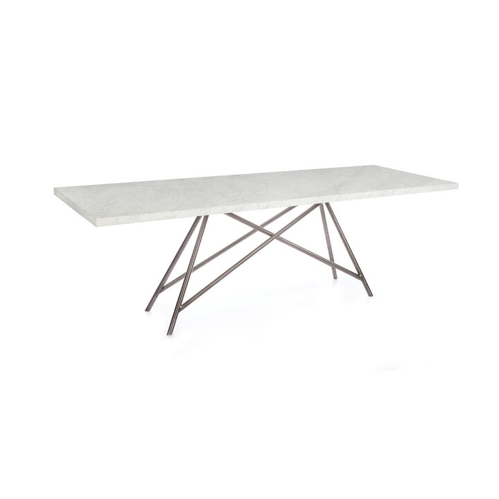 Levi 80 Inch Rectangular Carrara Marble Dining Table, Steel Legs, Chrome - Benzara