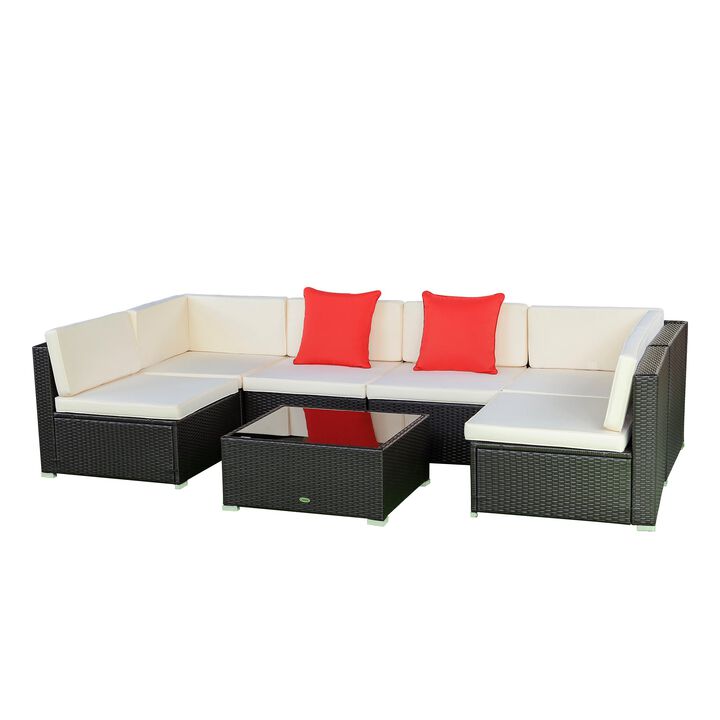 Cream Outdoor Sectional: 7-Piece Wicker Set with Glass Table