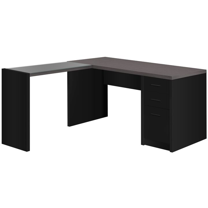 Computer Desk, Home Office, Corner, Left, Right Set-Up, Storage Drawers, L Shape, Work, Laptop, Laminate, Tempered Glass, Black, Grey, Contemporary, Modern