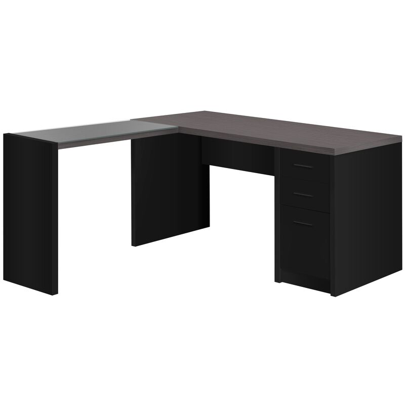 Computer Desk, Home Office, Corner, Left, Right Set-Up, Storage Drawers, L Shape, Work, Laptop, Laminate, Tempered Glass, Black, Grey, Contemporary, Modern