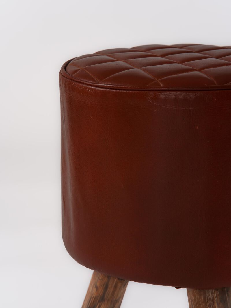 Handmade Eco-Friendly Geometric Buffalo Leather & Wood Black Round Ottomon Stool 18"X14"x14" From BBH Homes