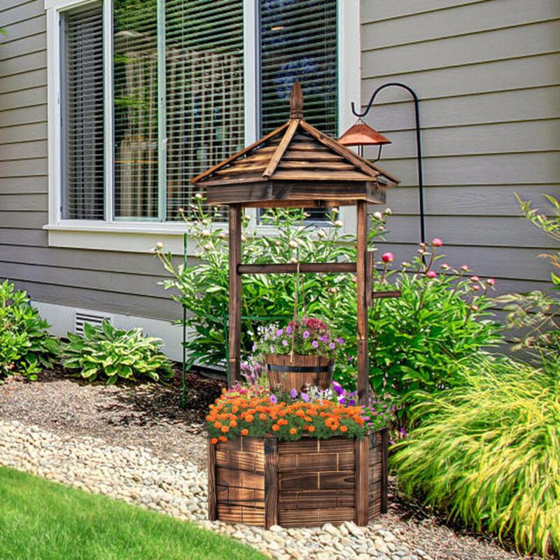 Hivvago Rustic Wooden Wishing Well with Adjustable Hanging Bucket-Brown
