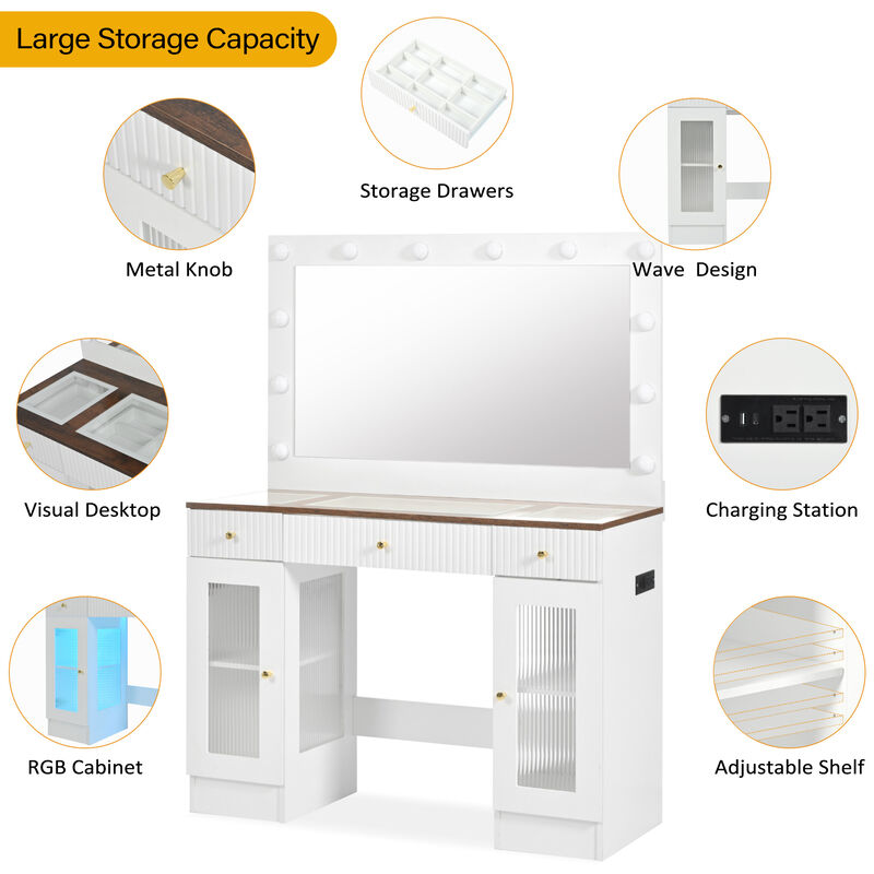 Merax Modern Glass Top Makeup Vanity with Drawers and Power Outlet