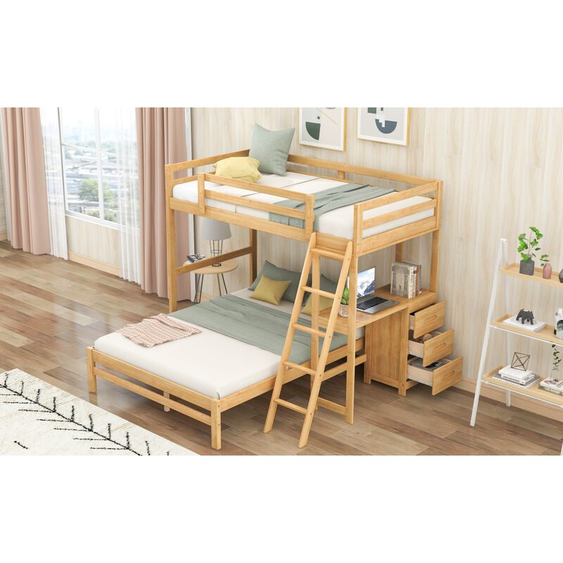 Twin Over Full Bunk Bed With Built-In Desk And Three Drawers