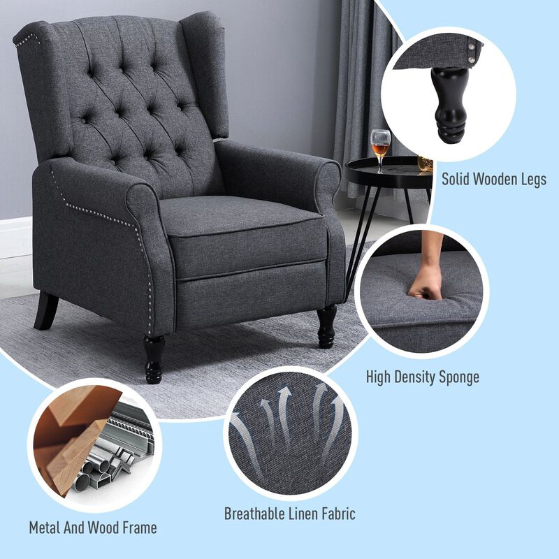 Dark Gray Lounge Chair: Vintage Linen Fabric Tufted Reclining Sofa