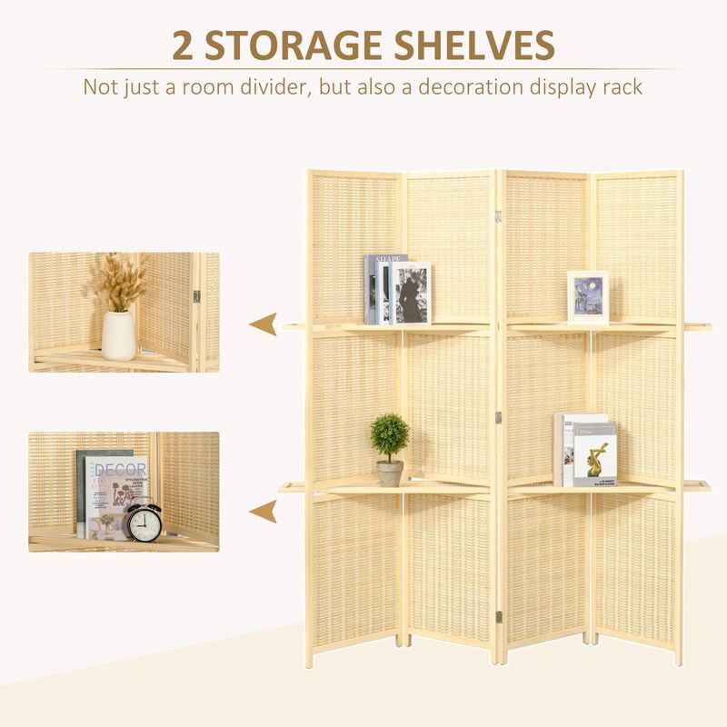 Natural Wood Divider: 4-Panel Bamboo Room Screen with Display Shelves