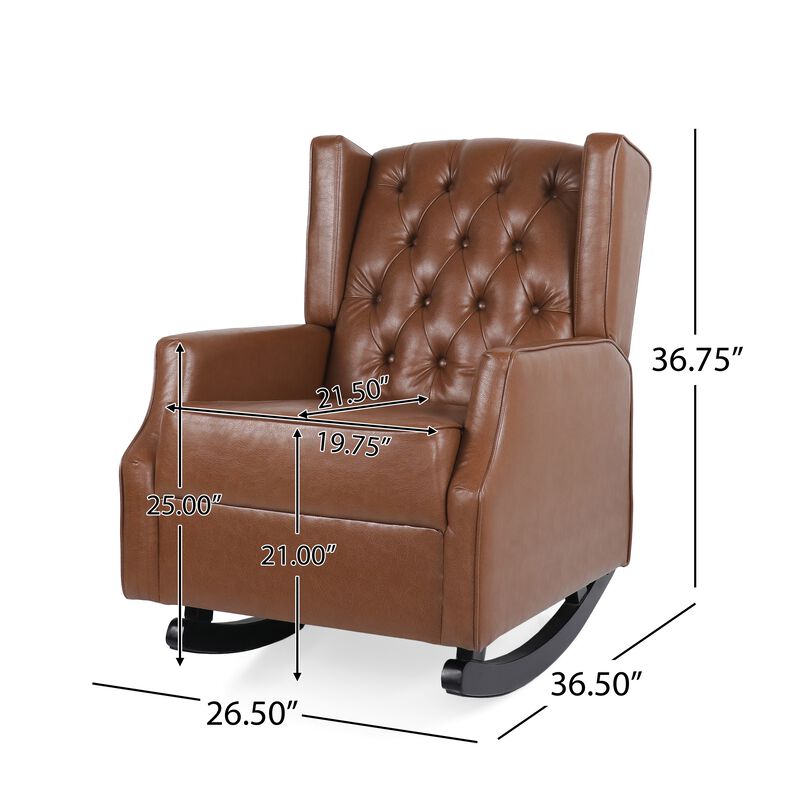 Zyna Rocking Chair, Gentle Motion, Brown Waffle Stitch Faux Leather - Benzara