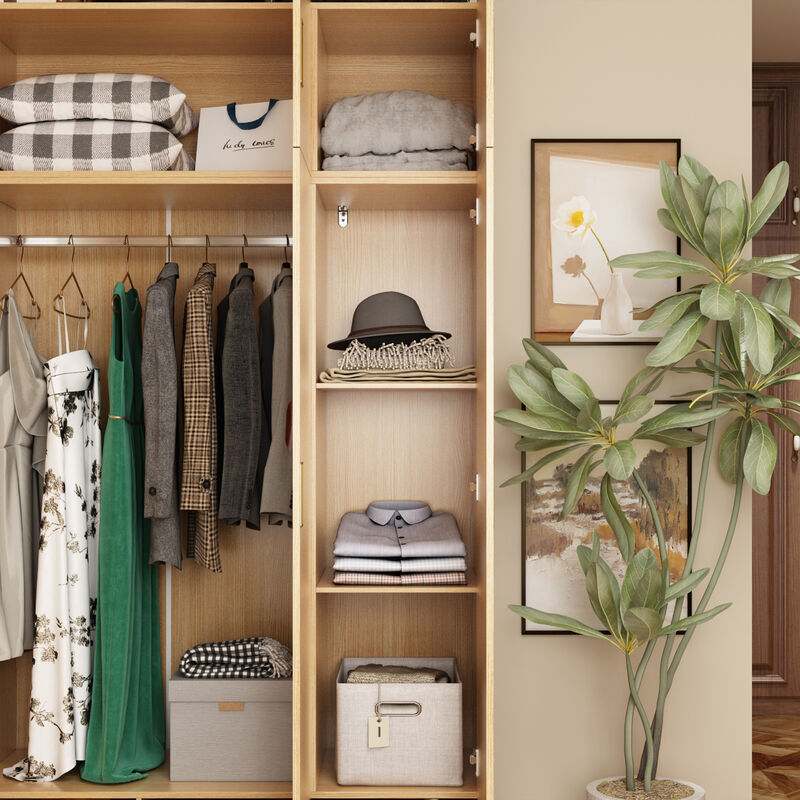 FUFU&GAGA Natural Wood 4-Door Wardrobe, MDF & Rubberwood Construction (63" W x 66.9" H x 18.1" D), Natural Wood Finish