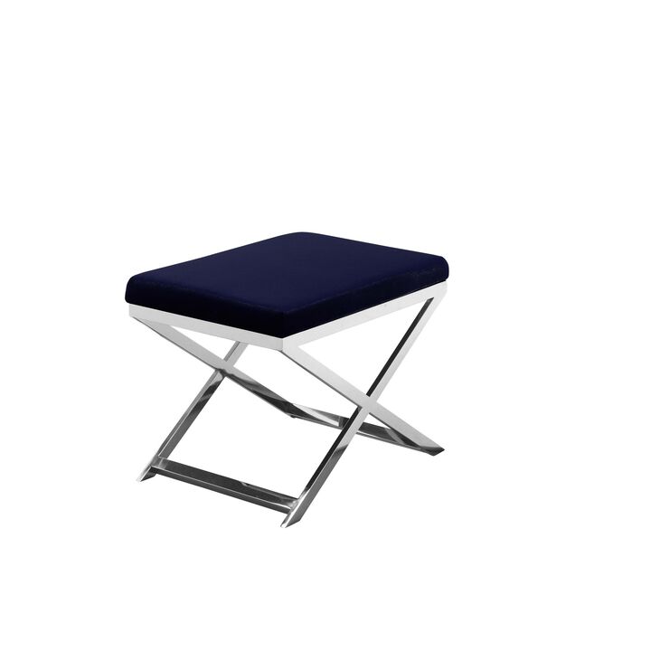 Sovi 20 Inch Accent Stool Ottoman, X Shape Steel Legs, Navy Blue Velvet - Benzara