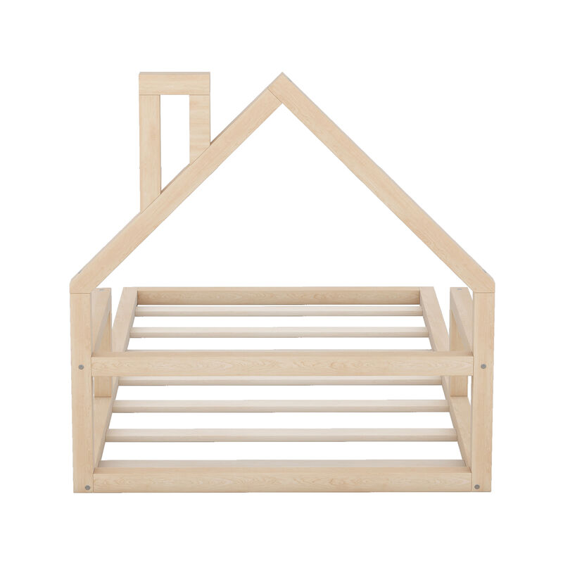 Merax Wood Floor Bed with House-shaped Headboard