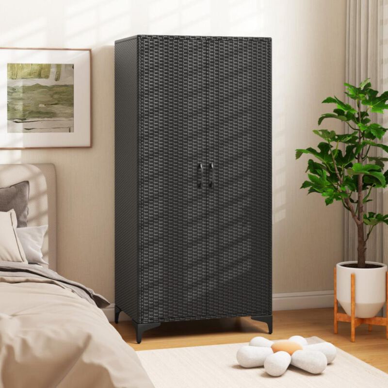 Hivvago 62 Inch Wicker Wardrobe with 2 Doors PE Rattan Closet with Hanging Rod