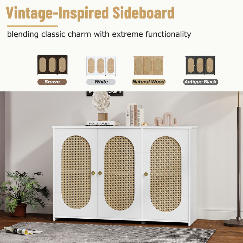 Clihome Retro 3-Door Sideboard with Large Storage Space Artificial Rattan Doors and Metal Handles, Accent Cabinet for Living Room and Hallway (White)