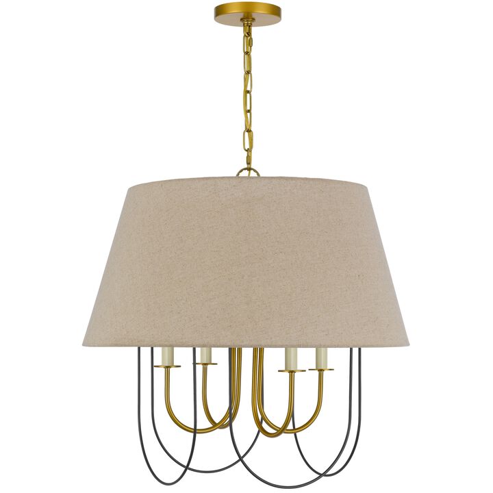 Pomy 24 Inch Chandelier, Hardback Burlap Shade, Gold Black Metal - Benzara