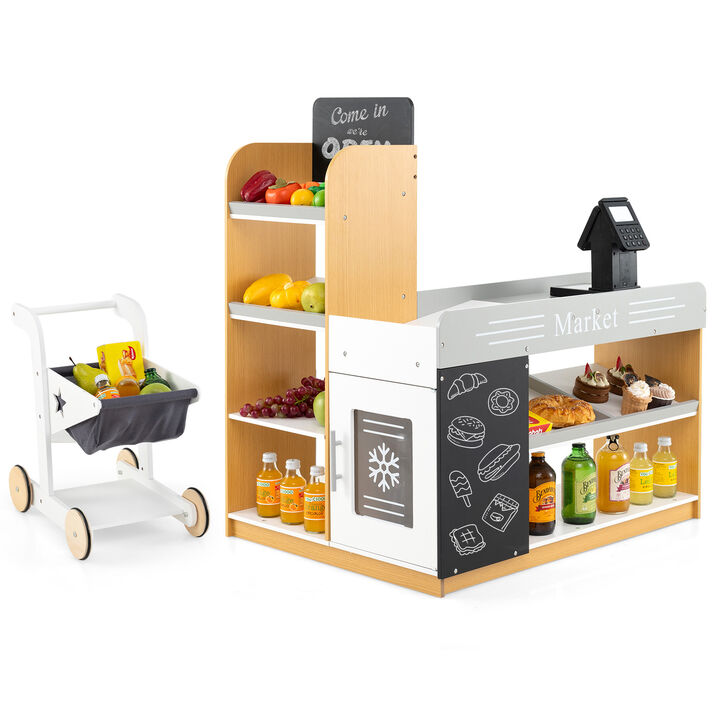 Grocery Store Set with Shopping Cart and 2 Chalkboards Pretend Play Toy for Kids
