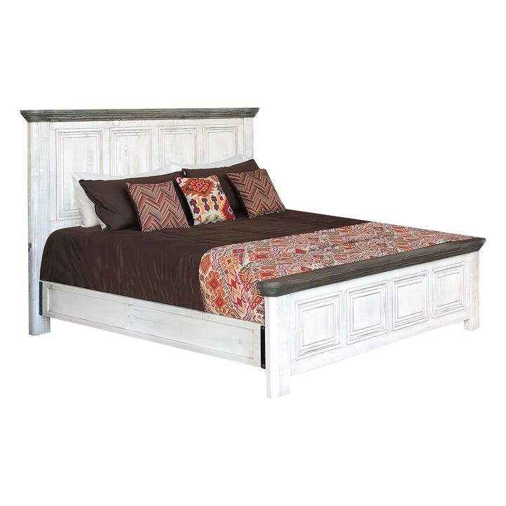 Feyi King Size Bed, Clean Rustic Headboard and Footboard, White, Gray - Benzara