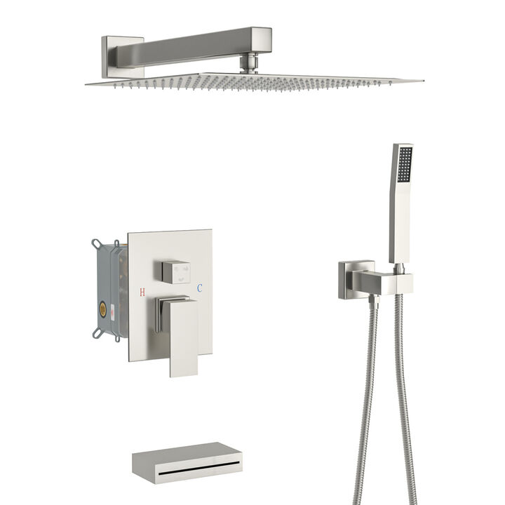 12" Rain Shower Head Systems With Waterfall Tub Spout, Brushed Nickel, Wall Mounted Shower 0000