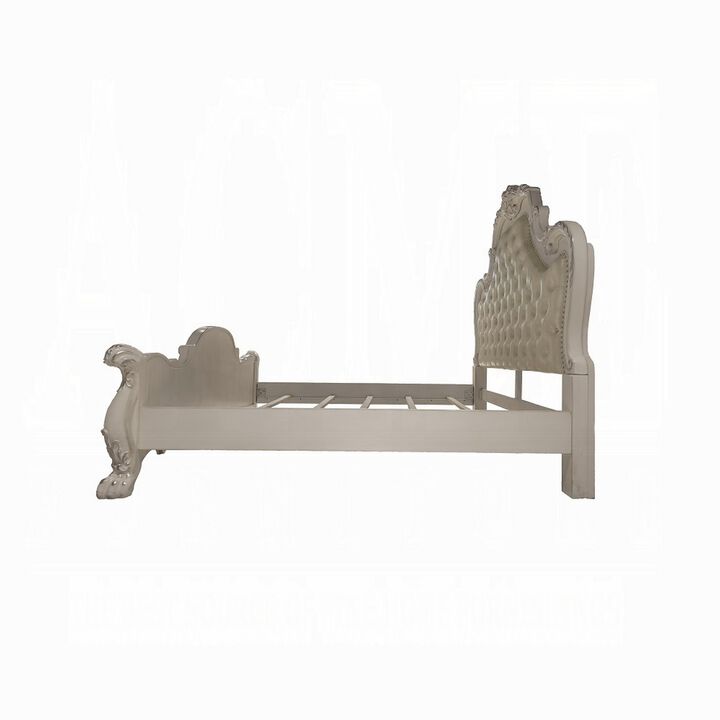 Ally California King Size Bed, White Faux Leather Victorian Carved - Benzara
