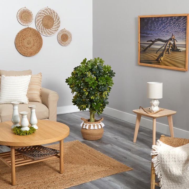 Hivvago 4 Feet Schefflera Artificial Tree in Boho Chic Handmade Natural Cotton Woven Planter with Tassels (Real Touch)