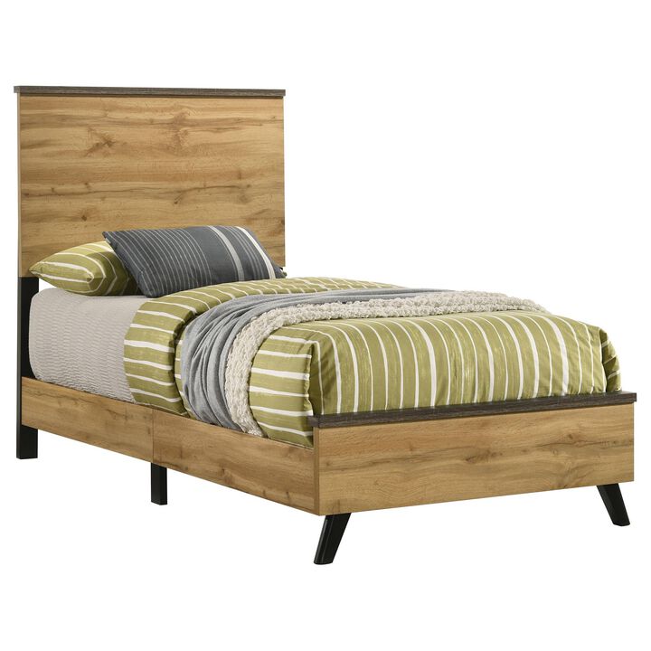 Wemy Twin Size Bed, Tall Panel Headboard, Natural Brown Pine Finish - Benzara