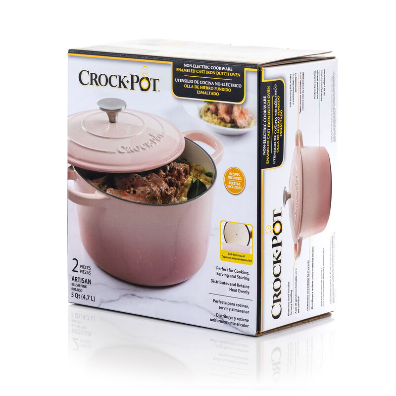 Crock-Pot Artisan 2 Piece 5 Quarts Enamled Cast Iron Dutch Oven in Blush Pink