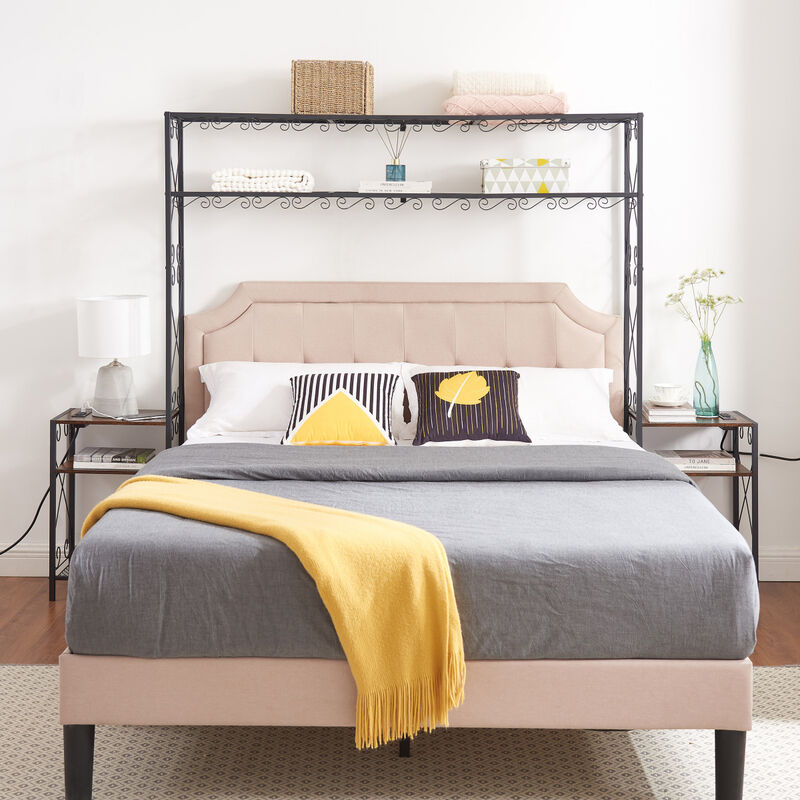 Rustic Brown Queen Bed Frame with Storage Headboard