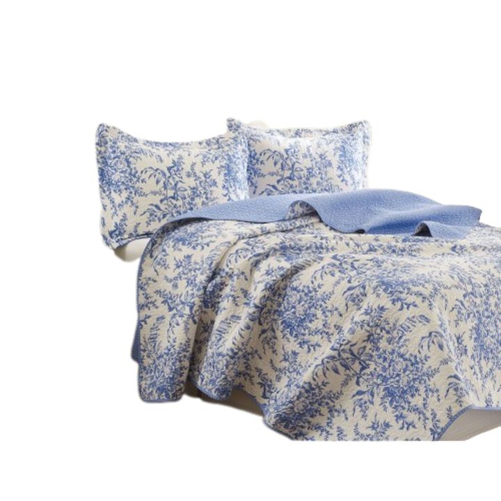 Hivvago King size 100-Percent Cotton Quilt Bedspread Set with Blue White Floral Leaves Pattern