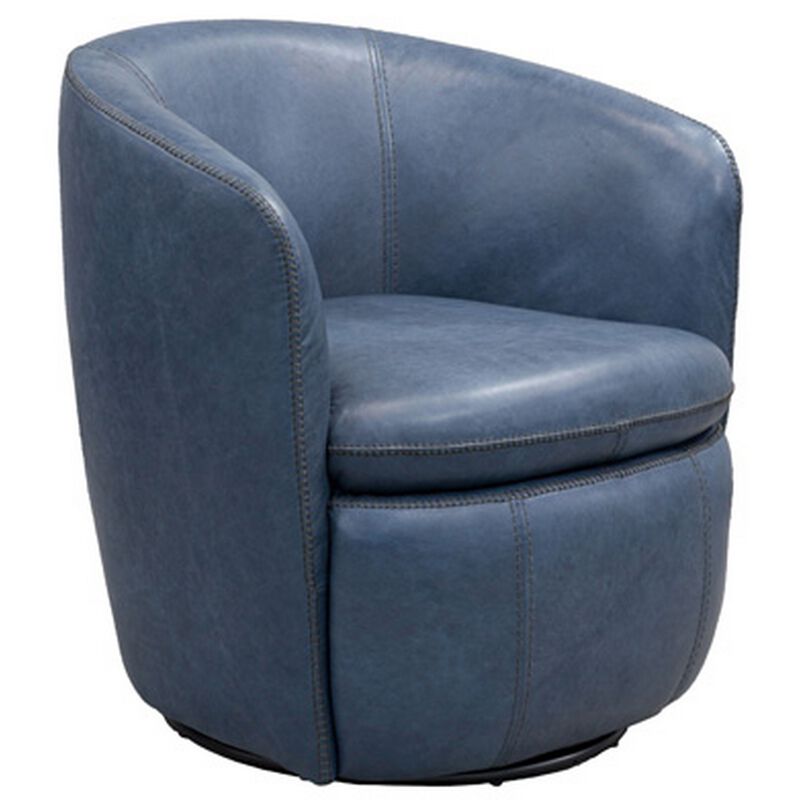 Niko Swivel Accent Chair, Round Barrel Design, Blue Top Grain Leather -