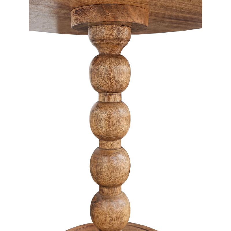 21 Inch Side End Table, Round Top, Stacked Ball Post, Natural Brown Mango Wood - Benzara