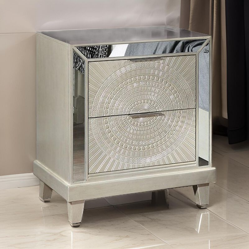 Pok 28 Inch Modern 2 Drawer Nightstand, Beveled Mirror Trim, Champagne-Benzara