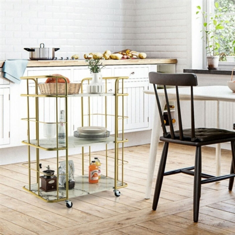 3-Tier Gold Bar Cart with Faux Marble Shelves and Rolling Wheels