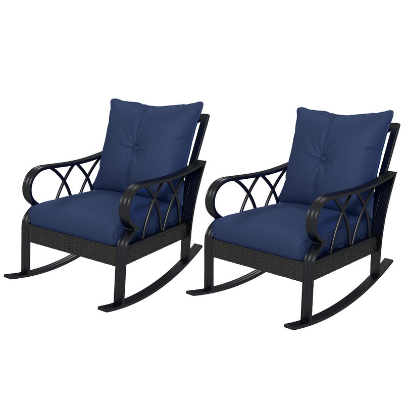 Outdoor 2 PCs Patio Rattan Rock Chairs w/Ergonomic Design, Aluminum Tube, Blue