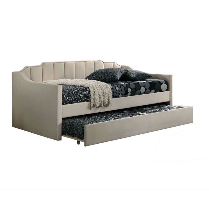 Oren Twin Daybed with Staircase Headboard, Beige Channel Tufted Fabric - Benzara