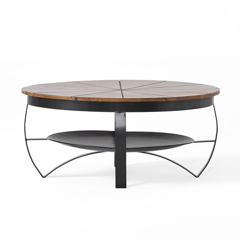 Coffee Table, 36 Inch, Round Mango Wood Top, Iron Curved Legs, Brown - Benzara