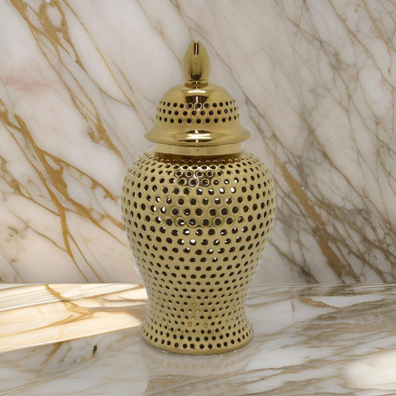 Deni 19 Inch Temple Jar, Small Carved Cut Out Lattice, Lid, Gold Ceramic - Benzara