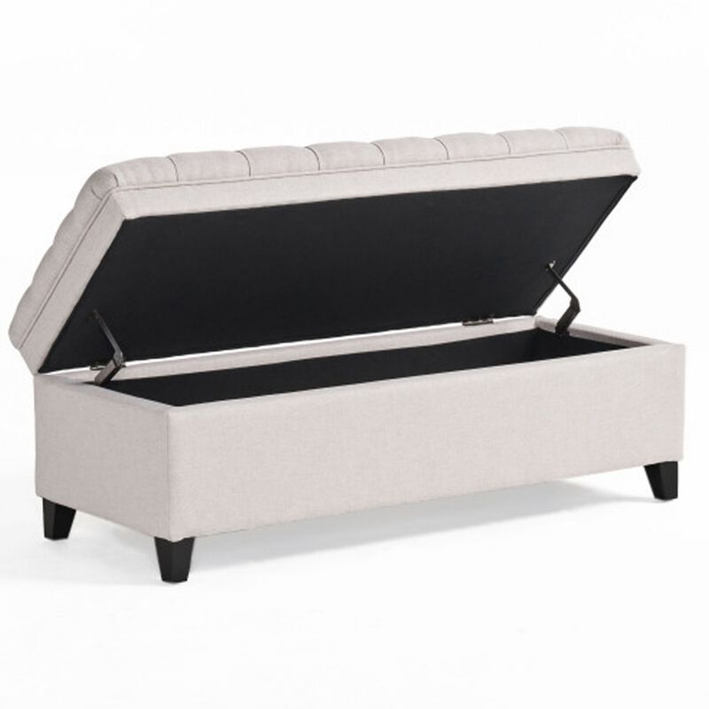 Rhya Storage Bench Ottoman, 50 Inch Seat, Button Tufted Gray Fabric - Benzara