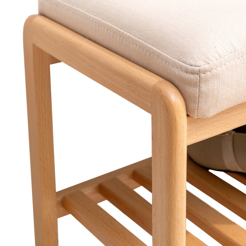 Natural Solid Wood Shoe Bench, Beech Wood Storage Rack Organizer With High Rebound Sponge Cushion