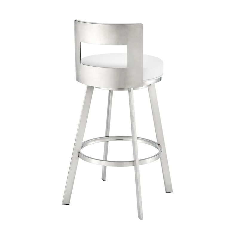 Nova 30 Inch Swivel Barstool, Panel Back, Steel Frame, White Faux Leather-Benzara