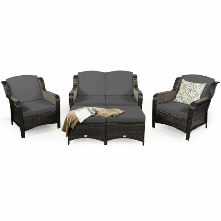 5 Pieces Patio Rattan Sofa Set with Cushion and Ottoman