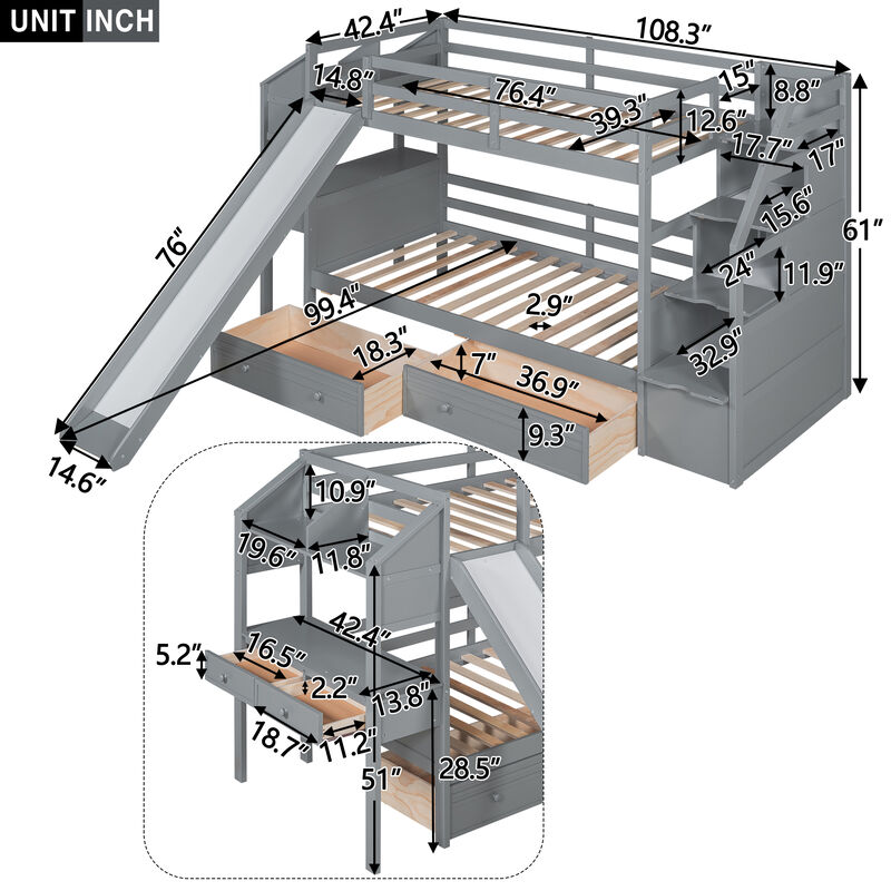 Twin Over Twin Bunk Bed With Storage Staircase, Slide And Drawers, Desk With Drawers And Shelves