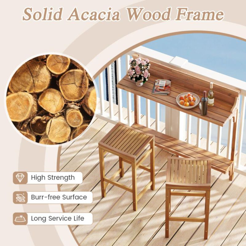 Hivvago 3 Pieces Patio Acacia Wood Bar Table Set with Footrest Curved Wood Seat