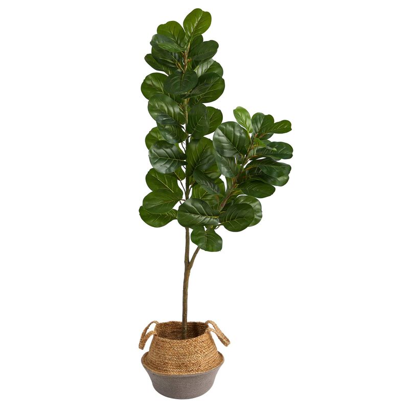Nearly Natural 4.5-in Fiddle Leaf Fig Tree in Boho Chic White Woven Planter