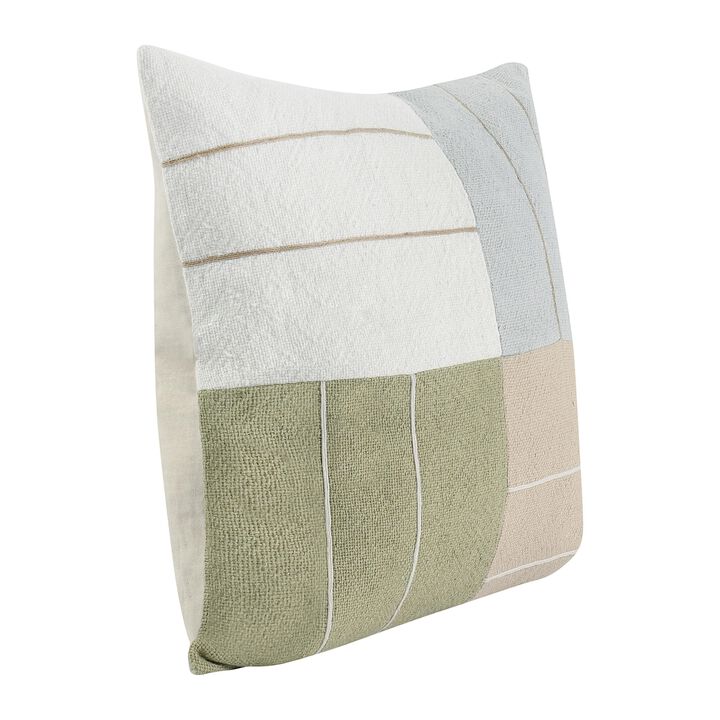 Throw Pillow, Square 22 Inch Jute Embroidery, White Blue Beige Green - Benzara