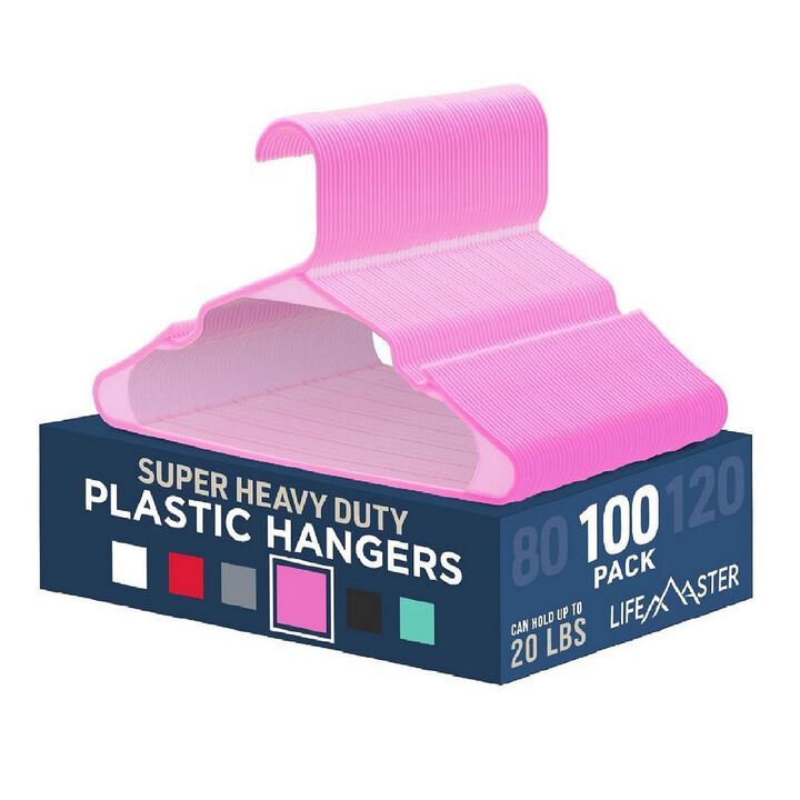 Plastic Clothes Hangers – Heavy Duty Hanger Set, for Organizing Clothes, Dresses, and Coat, Holds Up to 5 lbs, Space-Saving Hangers with Non-Slip Shoulder Grooves, Pack of 100, Pink